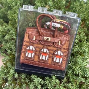 Novelty Mini Top Handle Handbag Shop Building Design Brown Statement Purse